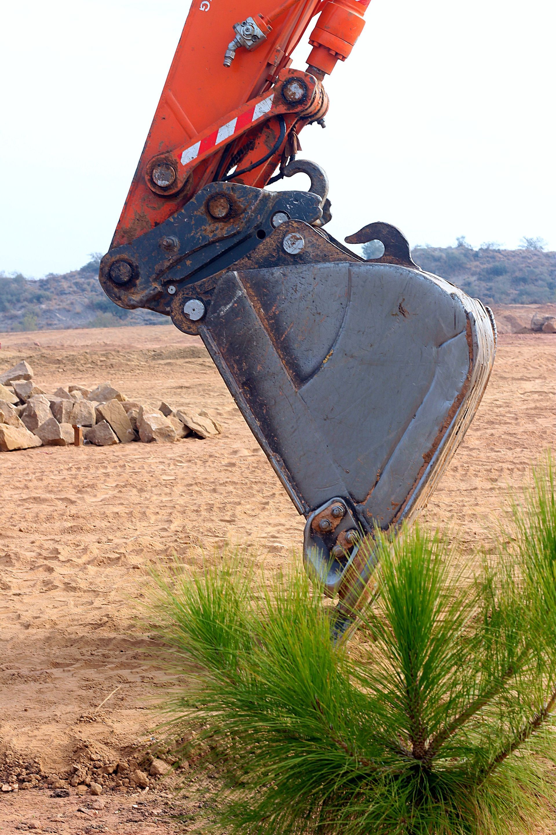 Excavator bucket digging into soil beside a small green shrub in a dry field