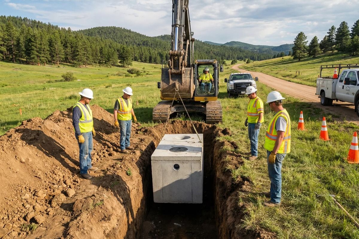 Able Excavation septic installation jobsite with excavator and crew