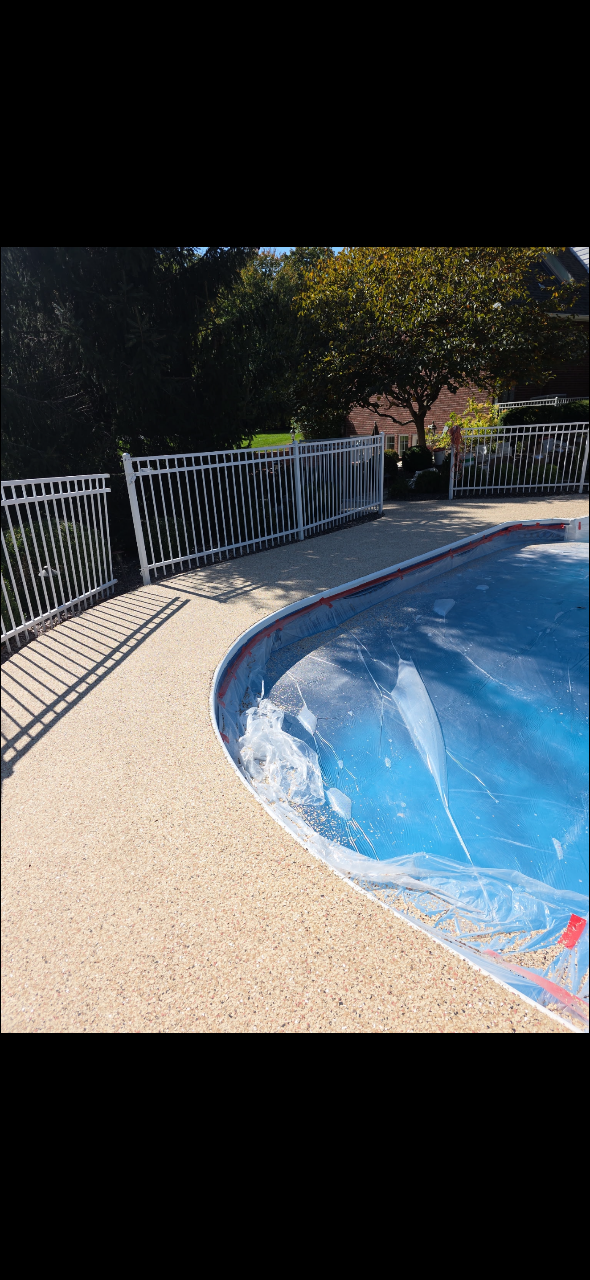 Outdoor pool with blue water, curved pebble deck, and black-and-white fence in sunlight