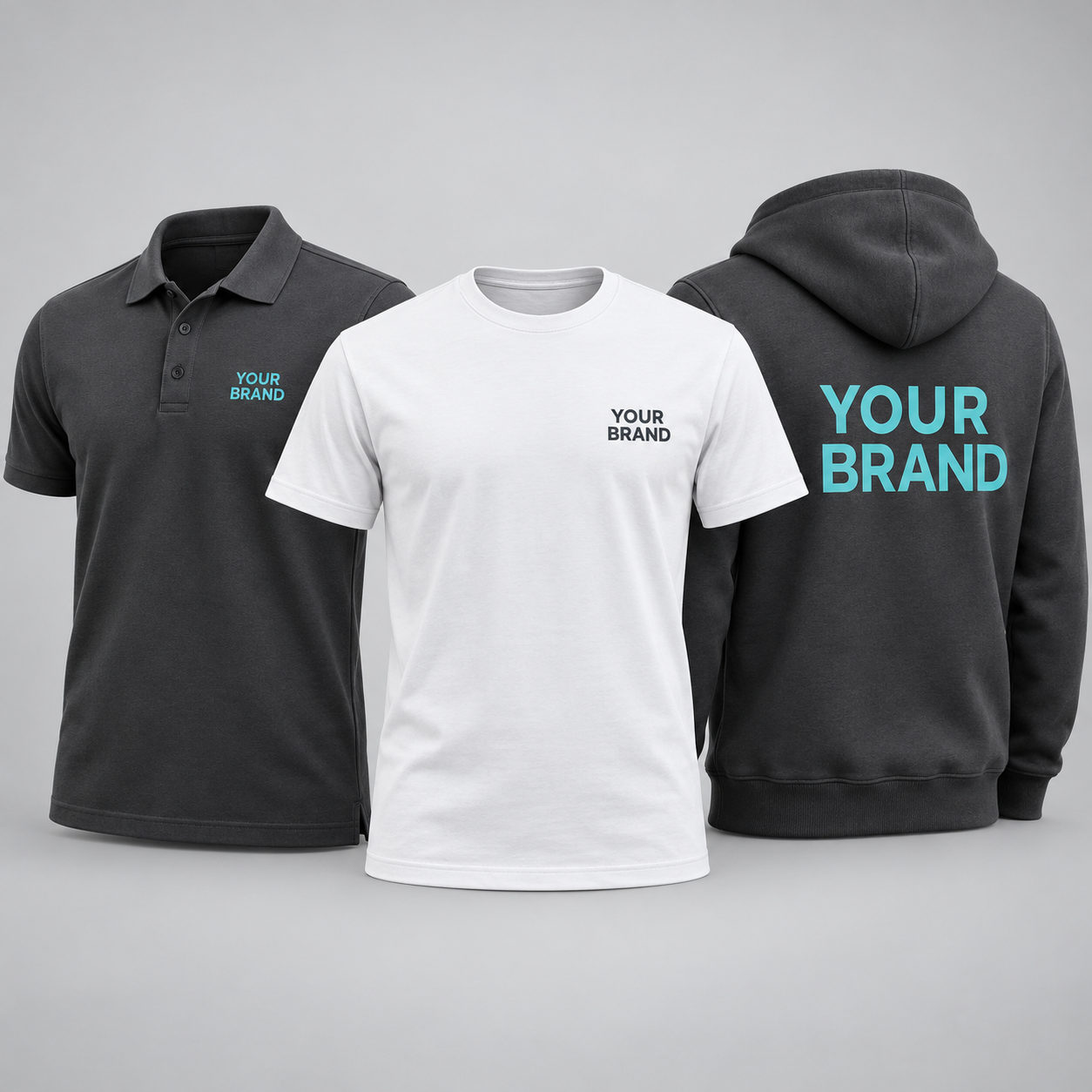 Illustrative branded T-shirt, polo and hoodie with example logo placements