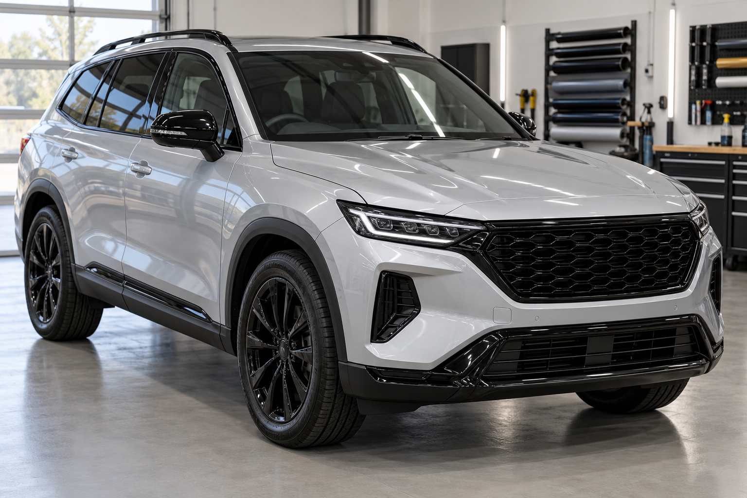 Illustrative silver SUV with gloss black grille and window trim