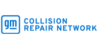 GM Collision Repair Network logo in blue text with a blue GM emblem on a white background