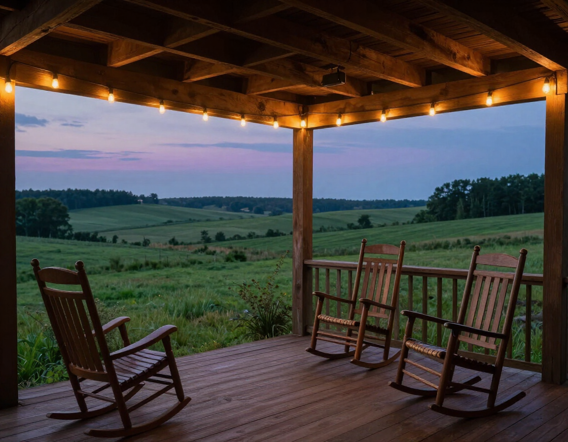 Covered porch overlooking countryside pastures at dusk