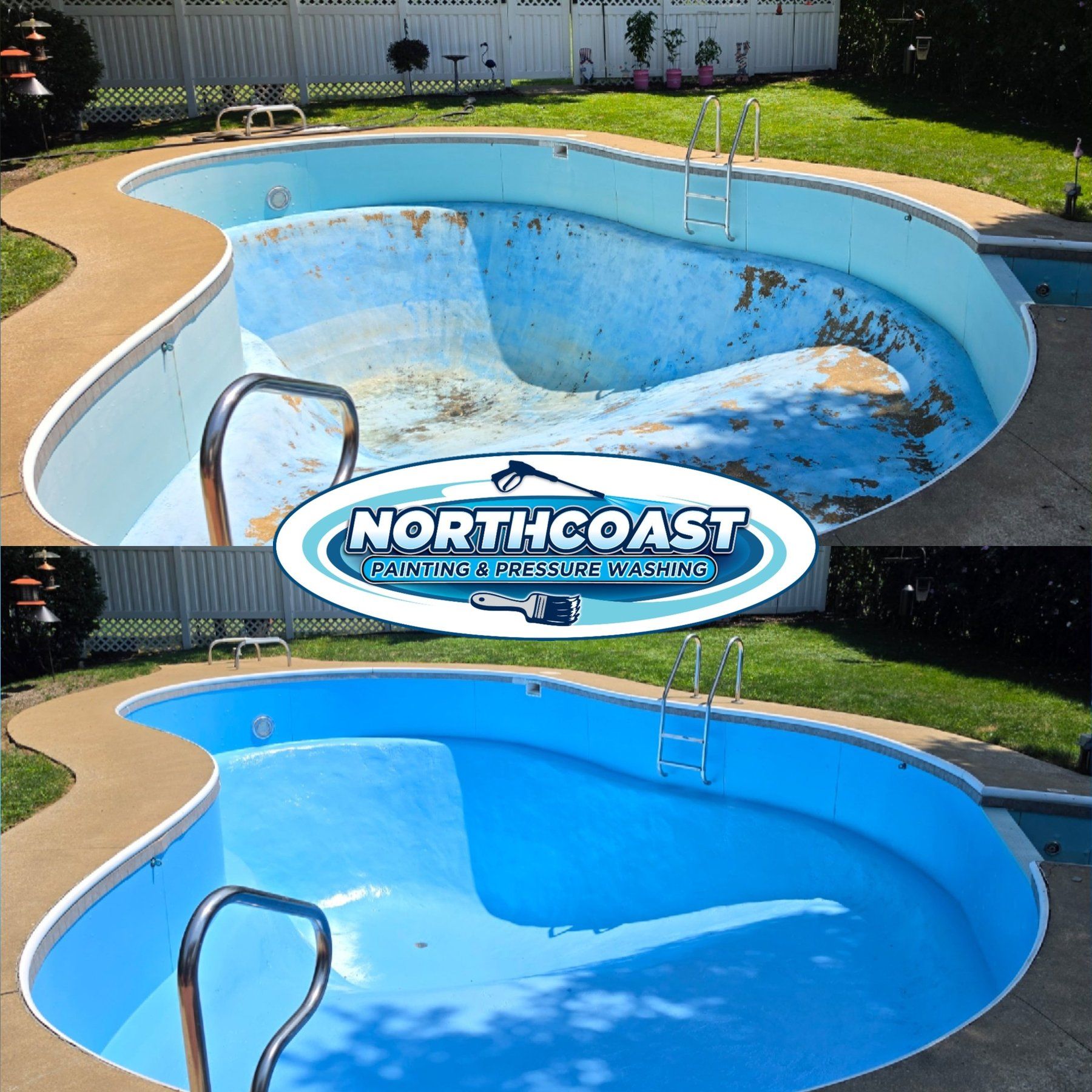 Before and after pool painting - peeling pool paint restored to a smooth blue finish
