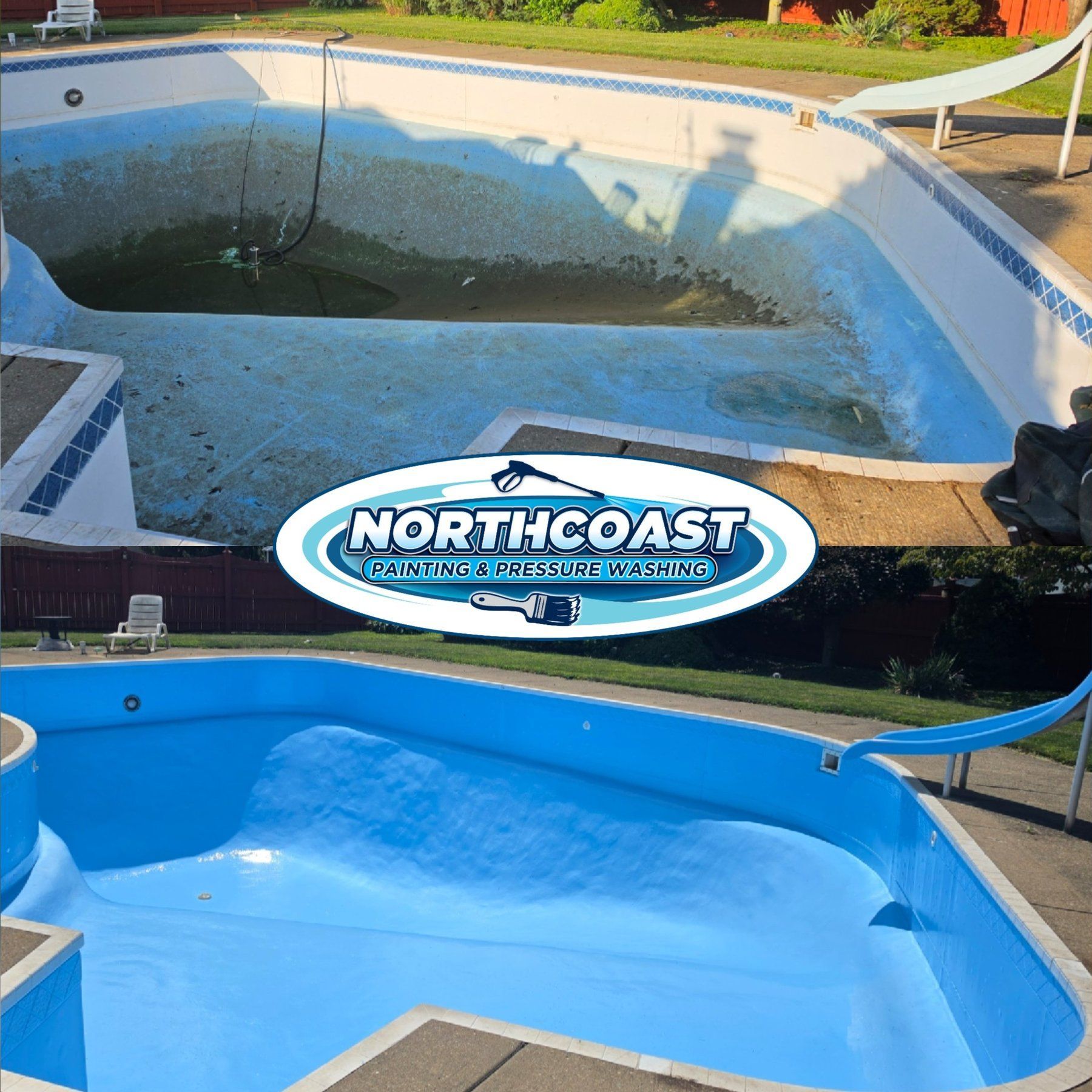 Neglected backyard pool before and after a professional swimming pool repaint