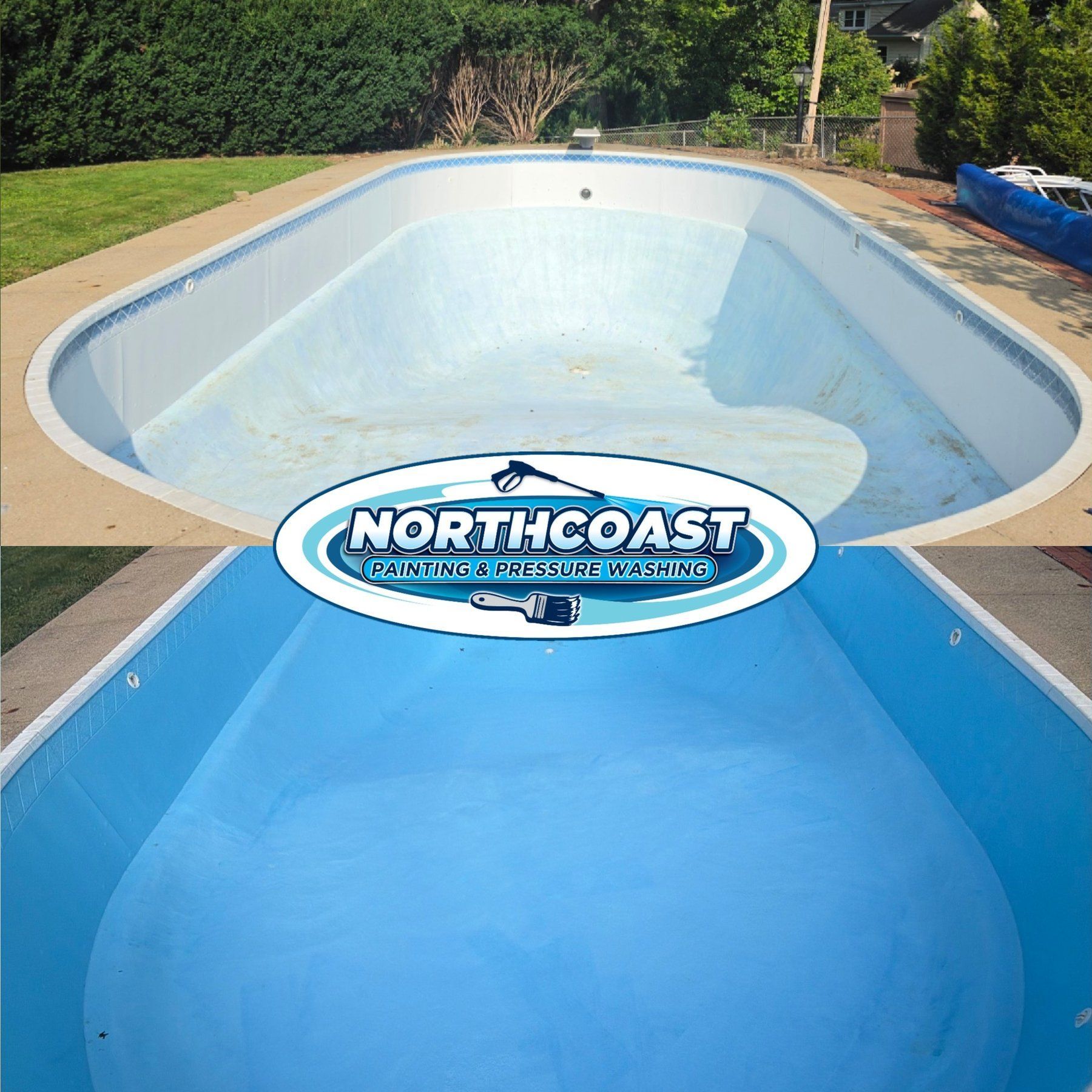 Stained residential pool shell before and after a fresh coat of pool paint