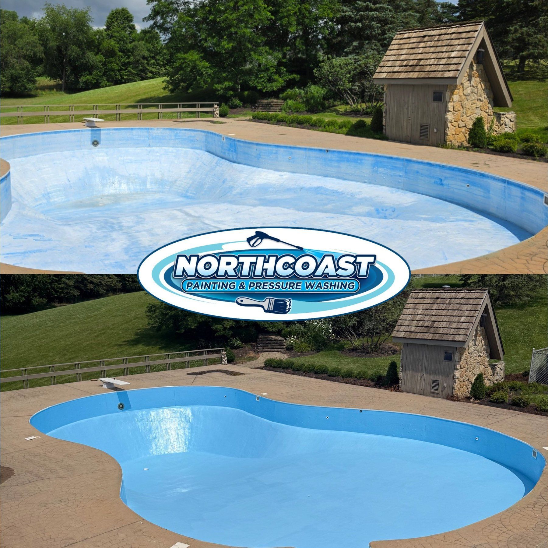Faded inground backyard pool before and after being repainted a rich blue