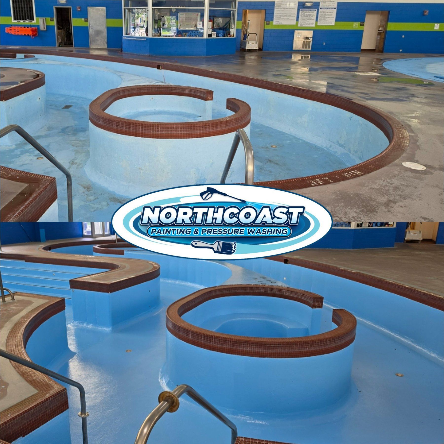 Commercial recreation center leisure pool before and after professional pool painting