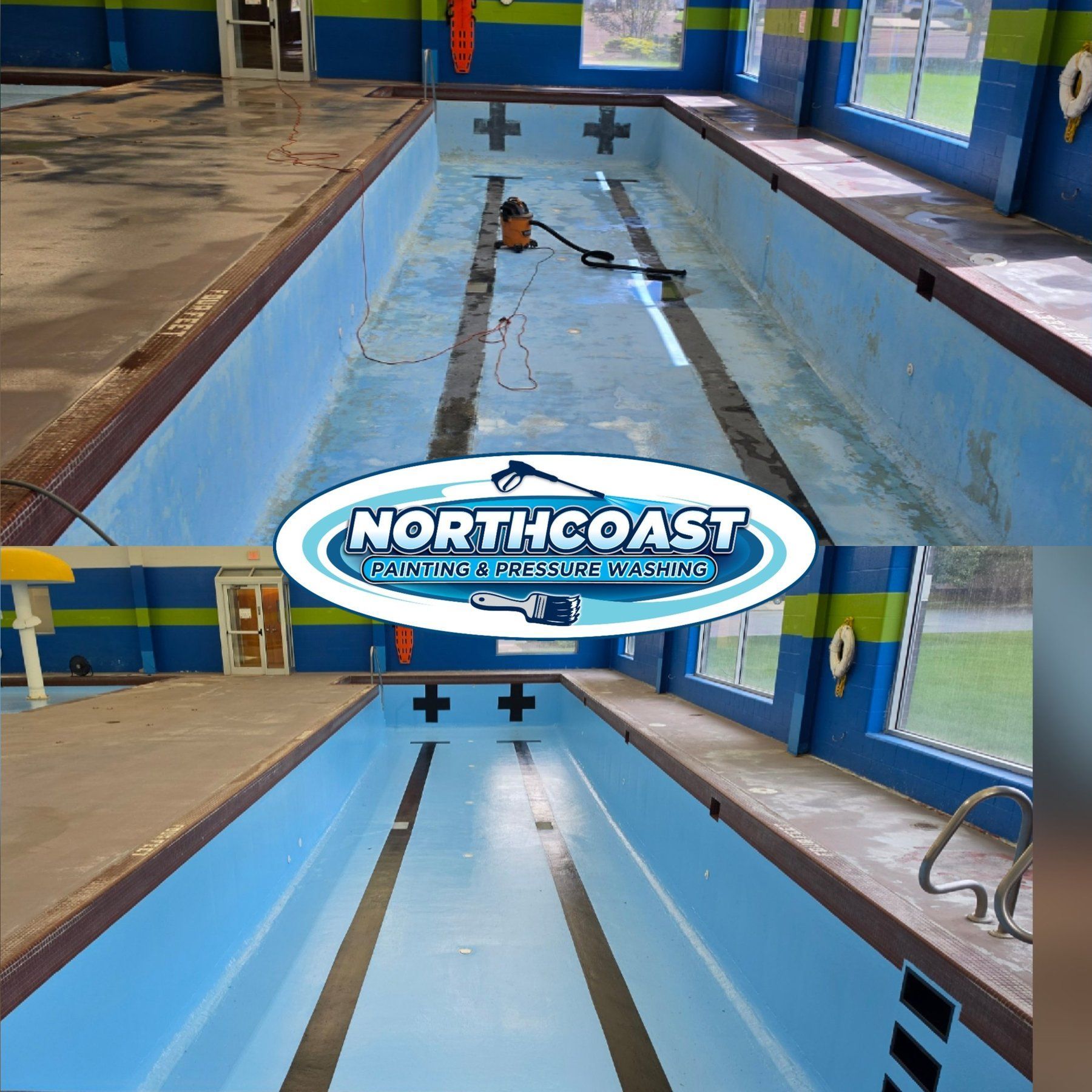 Indoor commercial lap pool before and after a fresh pool paint finish