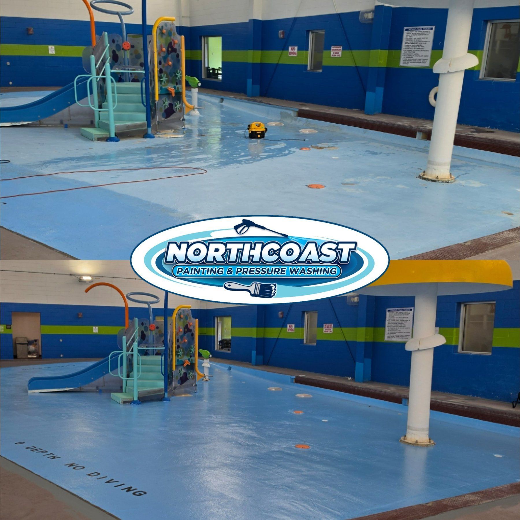 Indoor zero-depth splash pad before and after being repainted