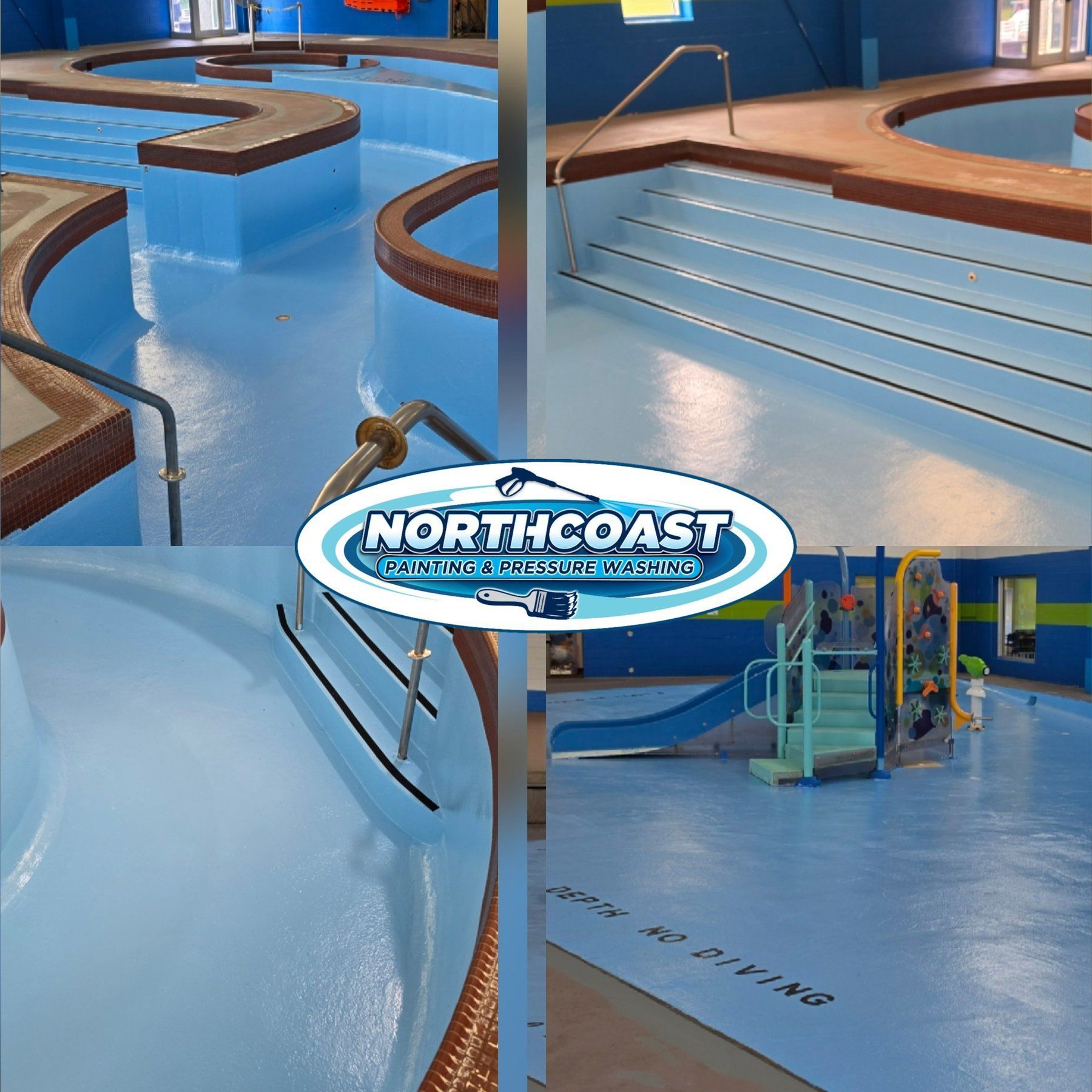Finished commercial pool painting details - steps, handrails and zero-depth entry