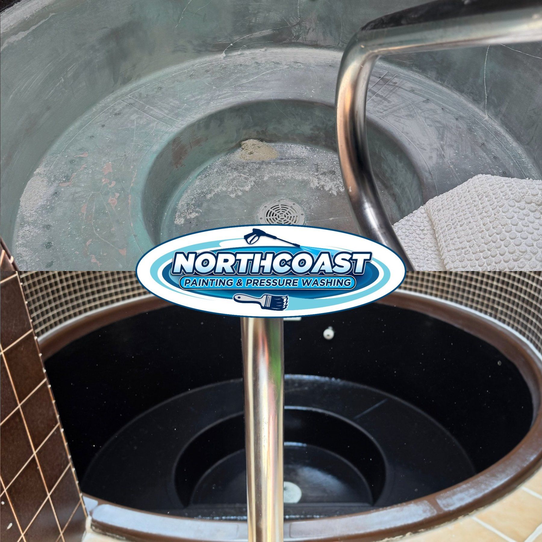 Commercial spa and hot tub before and after being refinished with a durable coating