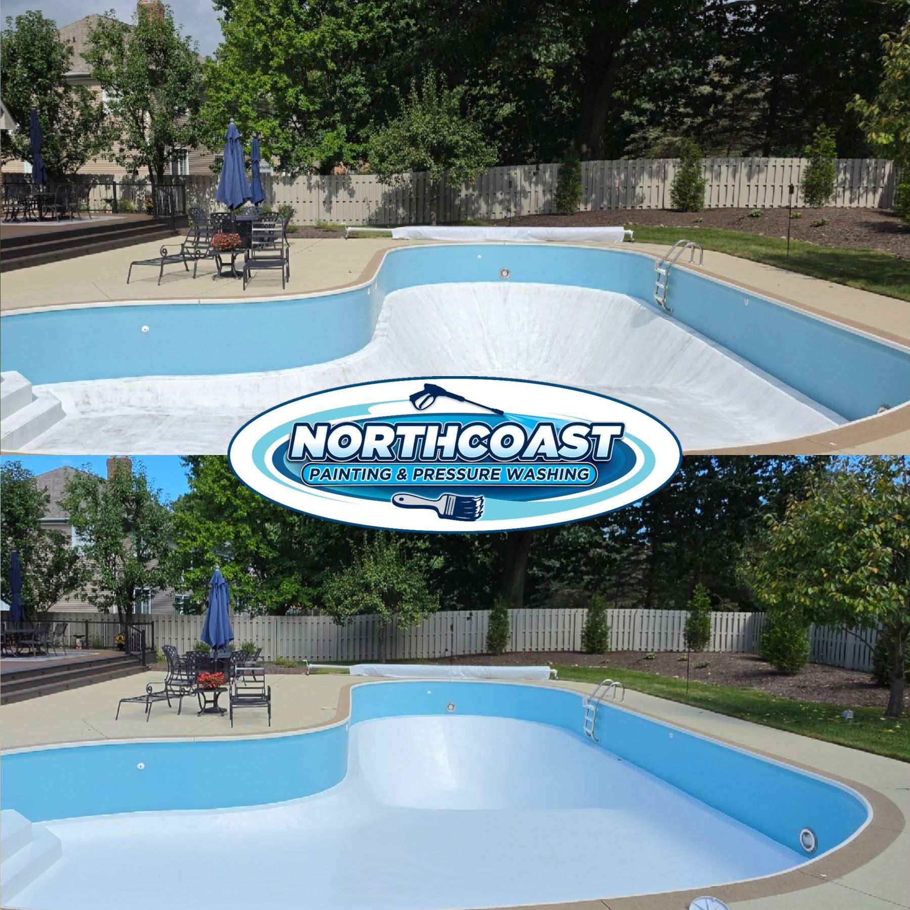 Residential inground pool in Stark County, Ohio before and after a fresh blue paint finish