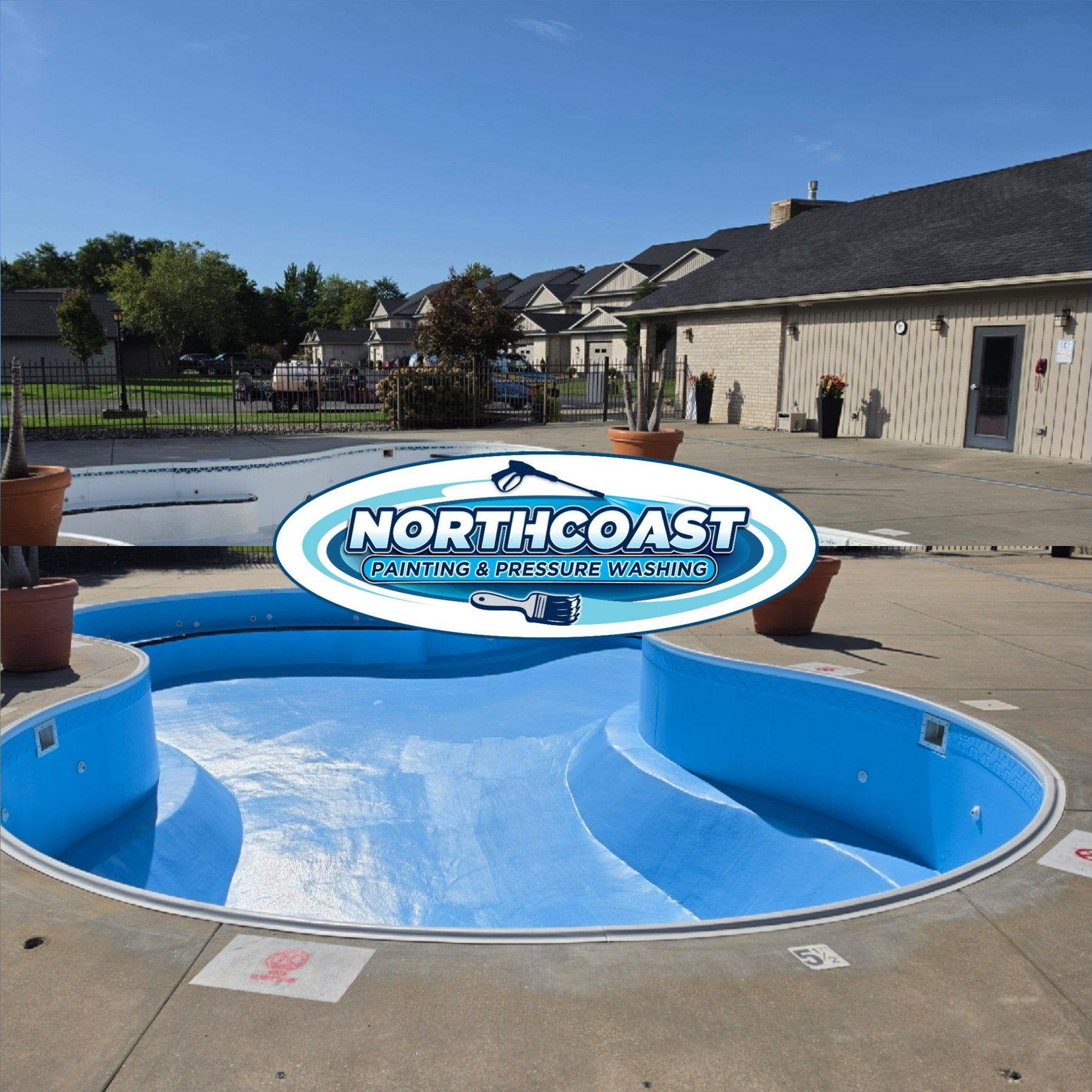 Community swimming pool in Mahoning County, Ohio before and after professional repainting