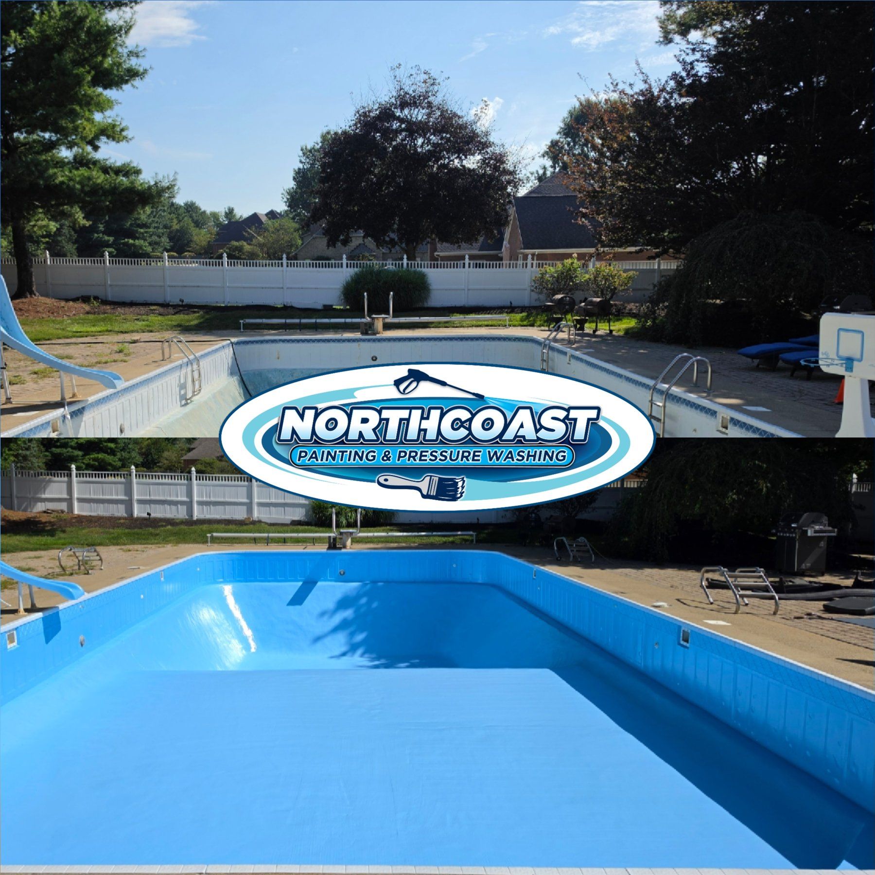 Rectangular backyard pool with slide in Stark County, Ohio before and after being repainted
