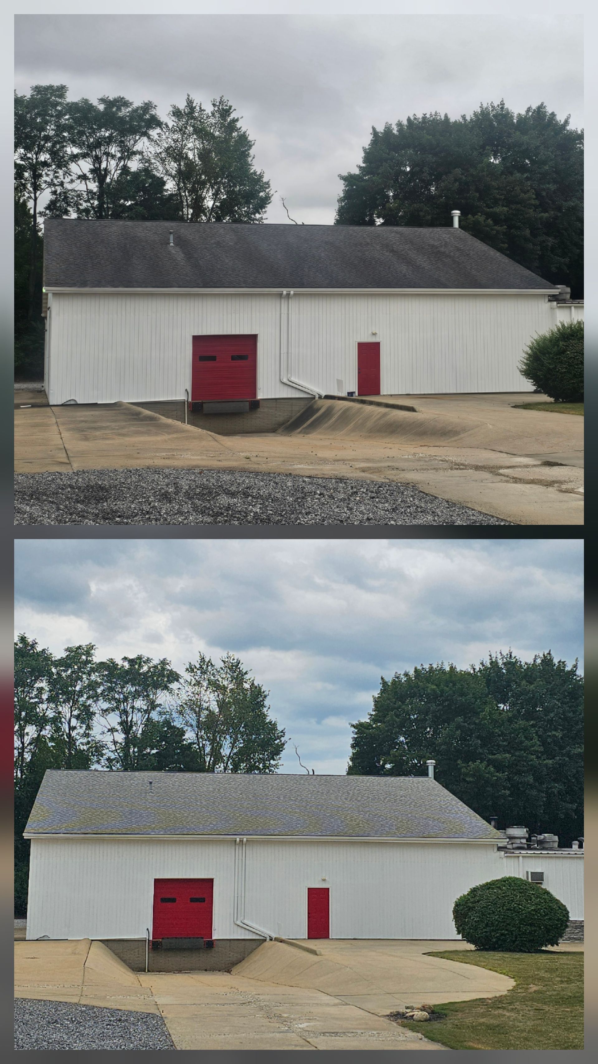 Before and after commercial roof cleaning on white building