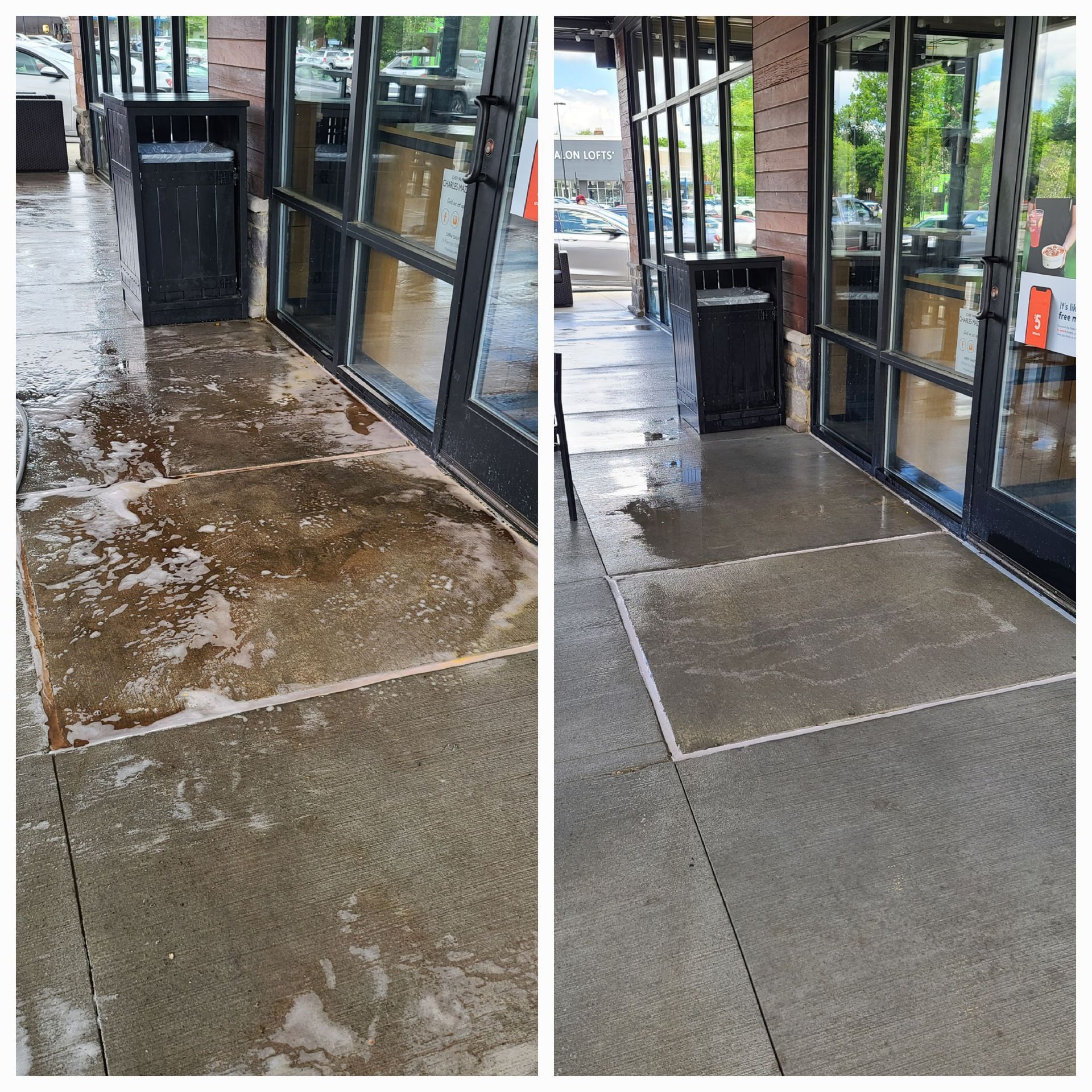 Commercial parking lot and concrete pad cleaned with pressure washing