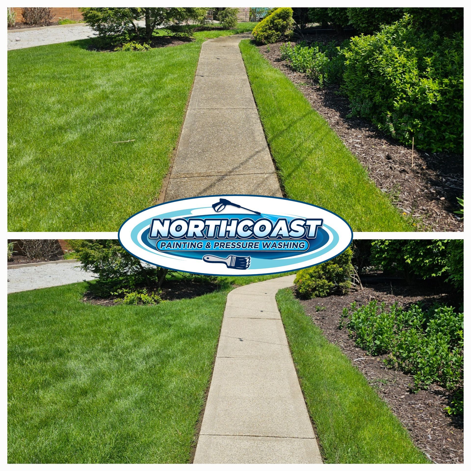 Before and after sidewalk powerwashing