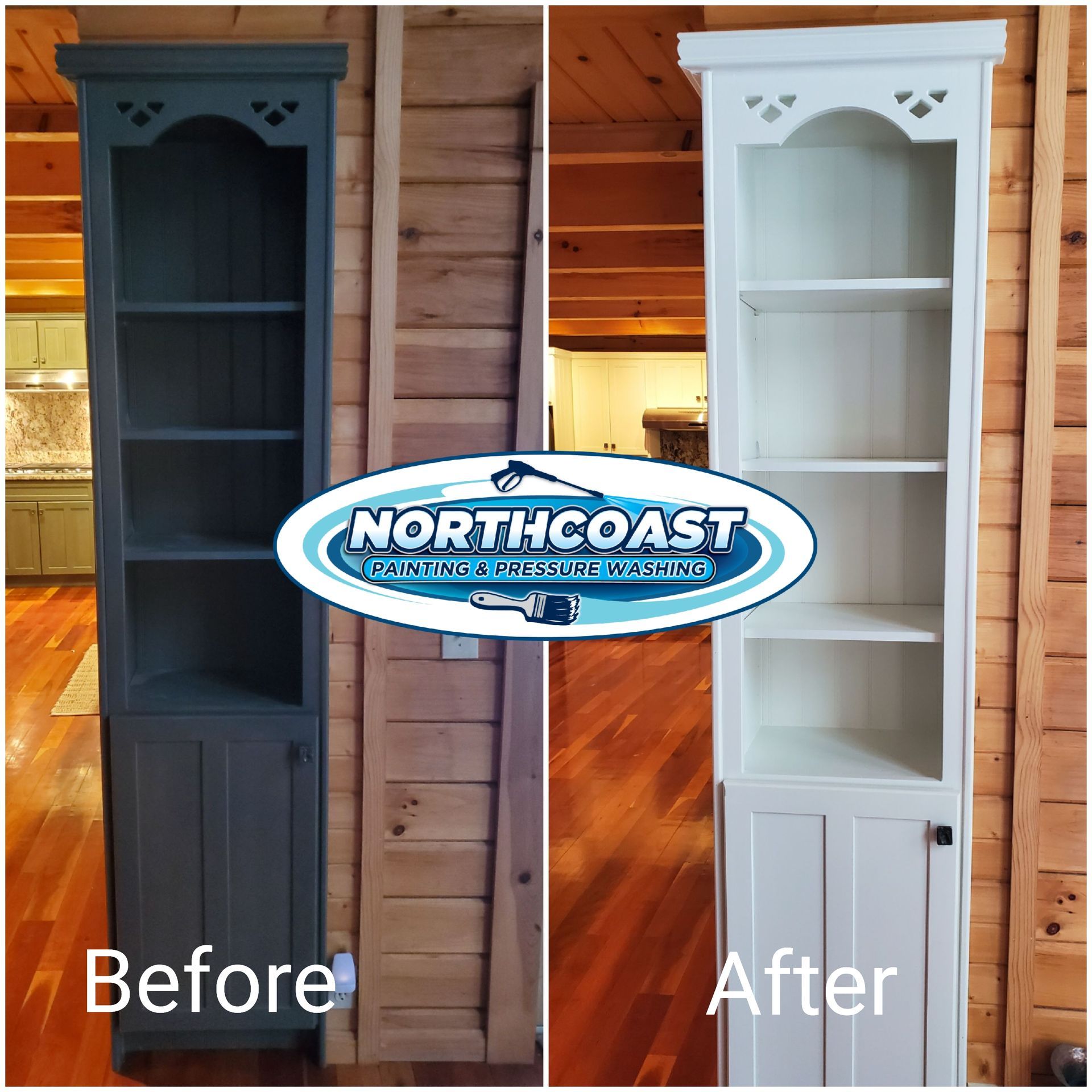 Cabinet painting before and after by NORTHCOAST Painting