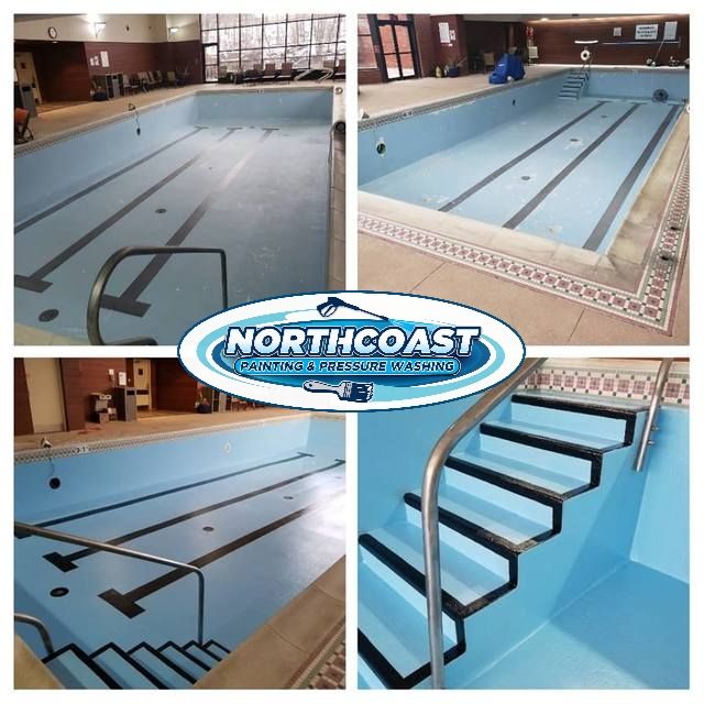 Swimming pool surface prep and painting project Akron Canton Ohio