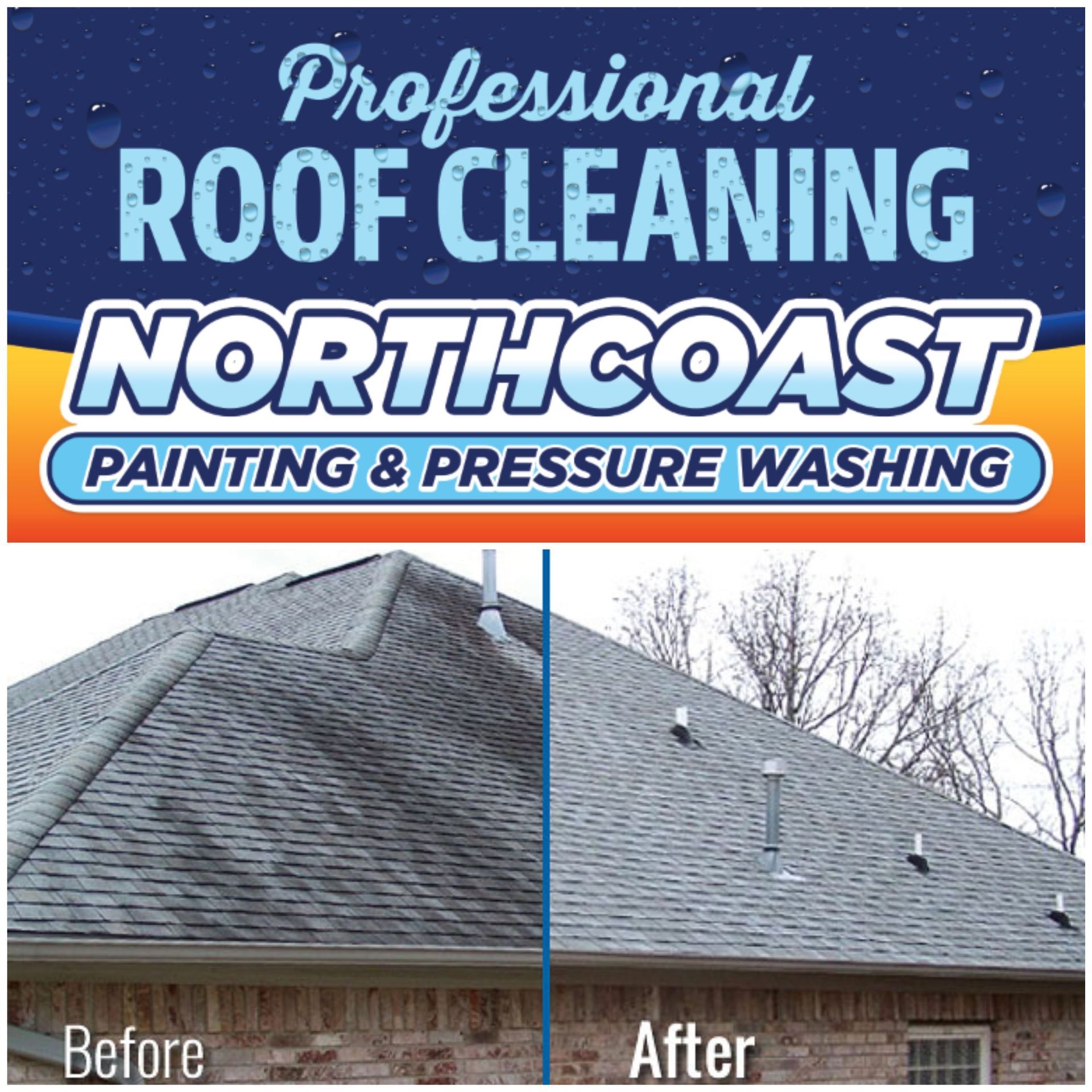 Before and after roof cleaning showing dramatic algae removal