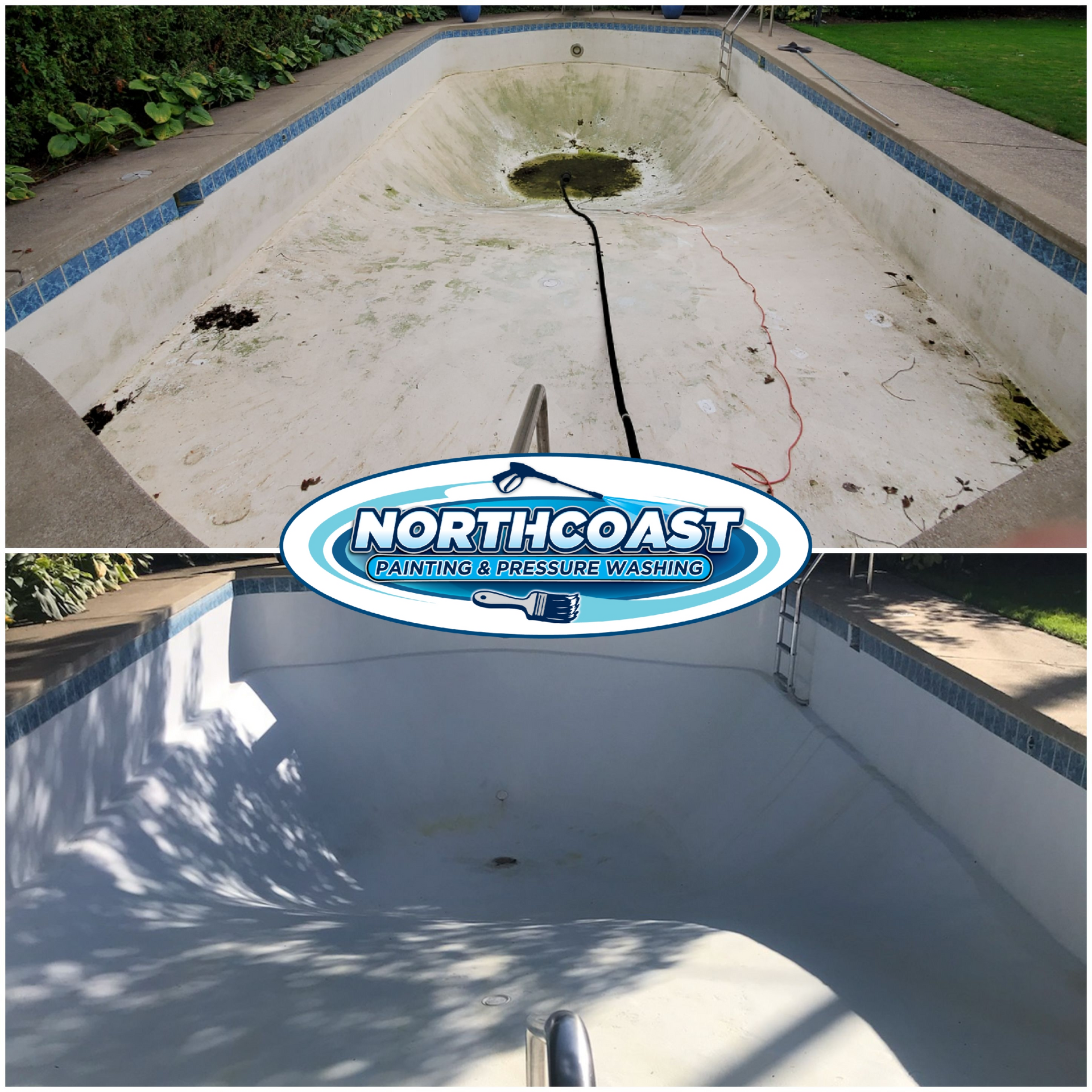 Inground concrete pool before and after painting by Northcoast Painting Ohio
