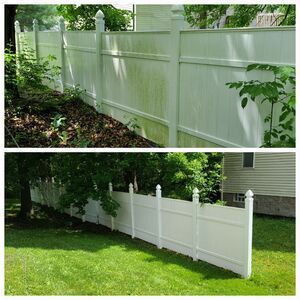Vinyl fence soft washing before and after