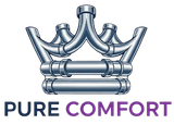 A logo featuring a crown made of metallic silver pipes above the text "PURE COMFORT" in dark blue and purple.