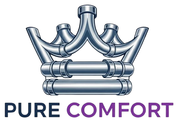A logo featuring a crown made of metallic silver pipes above the text "PURE COMFORT" in dark blue and purple.