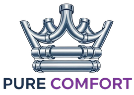 A logo featuring a crown made of metallic silver pipes above the text "PURE COMFORT" in dark blue and purple.