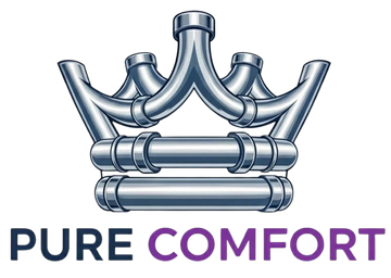 A logo featuring a crown made of metallic silver pipes above the text "PURE COMFORT" in dark blue and purple.