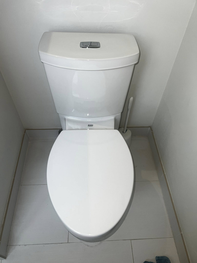 A white, floor-mounted toilet with a closed lid and a dual-flush button on the tank lid, set against tiled walls.