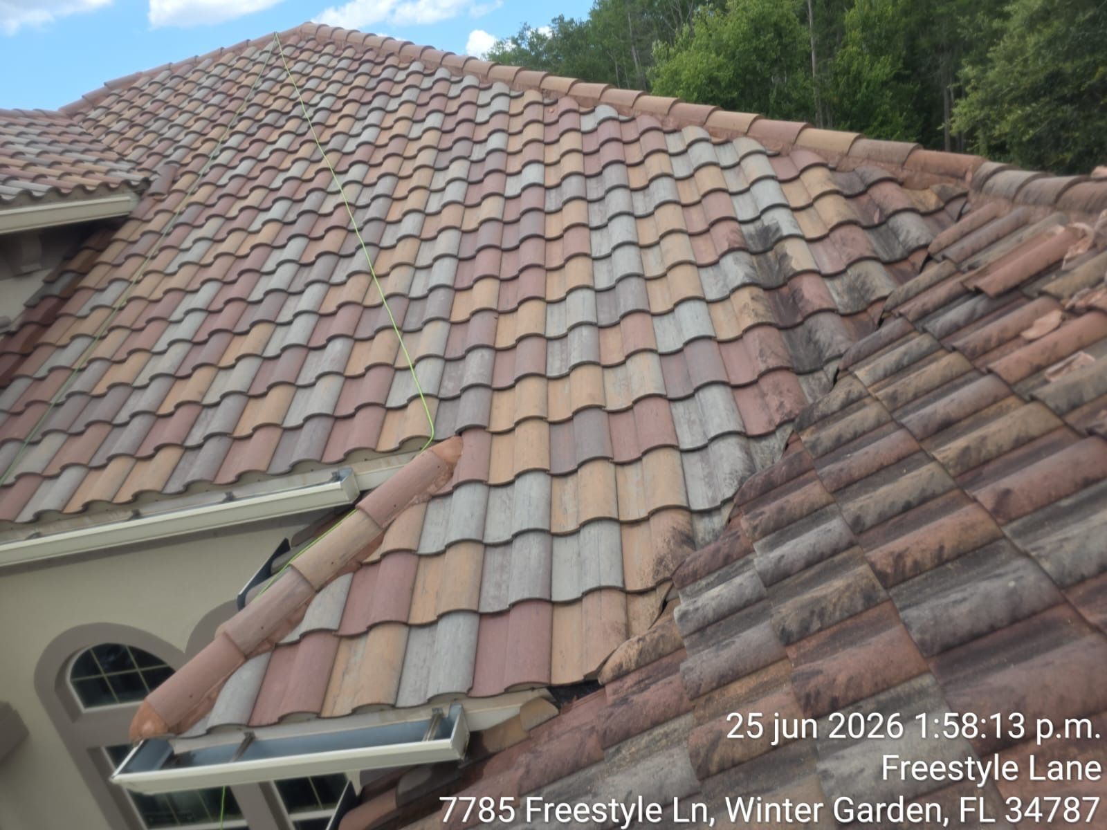 Close-up of a tiled roof with reddish-brown and gray tiles, plus a gutter and tree line in the background