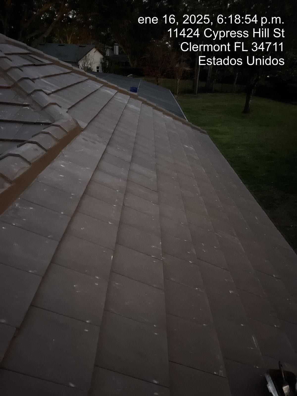 Roof shingles on a house at dusk, with a street and grass visible in the background.