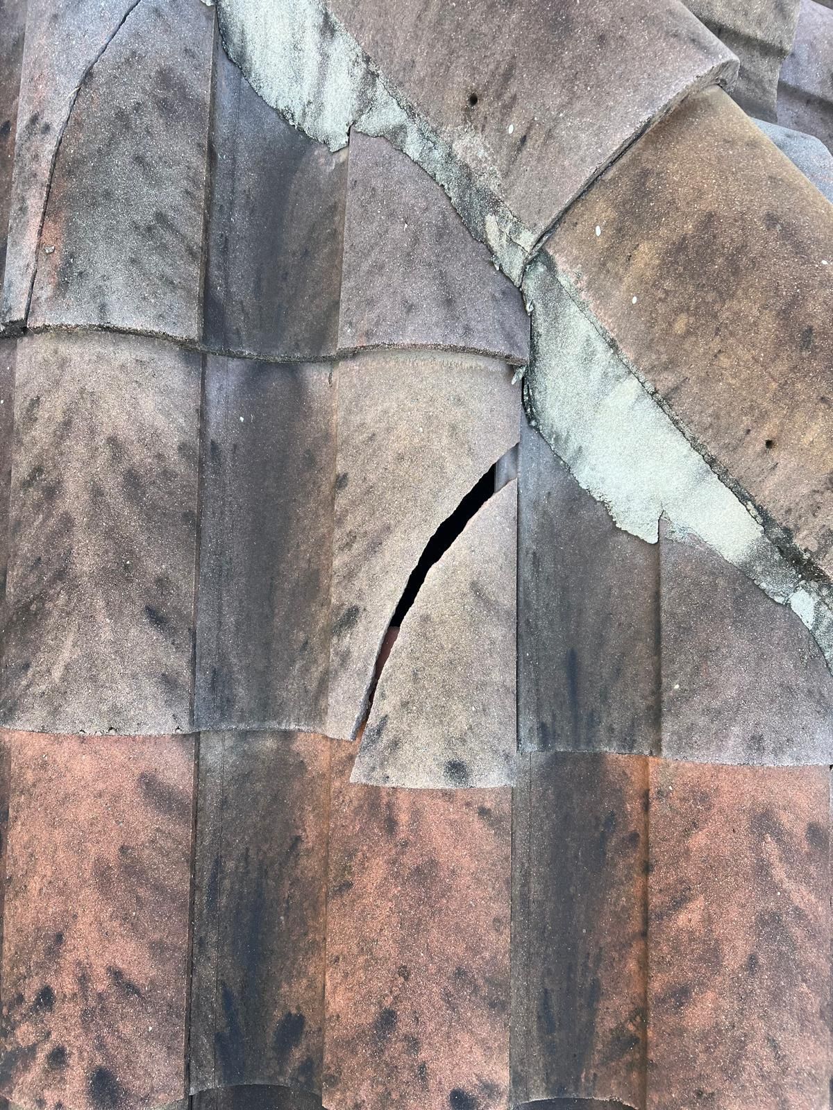 Close-up of cracked, weathered stone pavement with a dark fissure between tiles