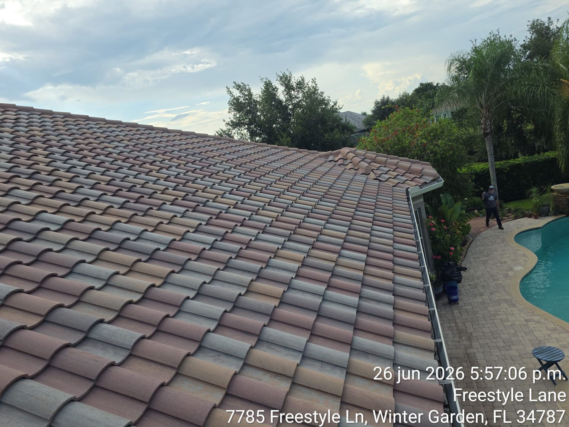 Wide tiled roof beside a backyard pool and trees under a cloudy sky