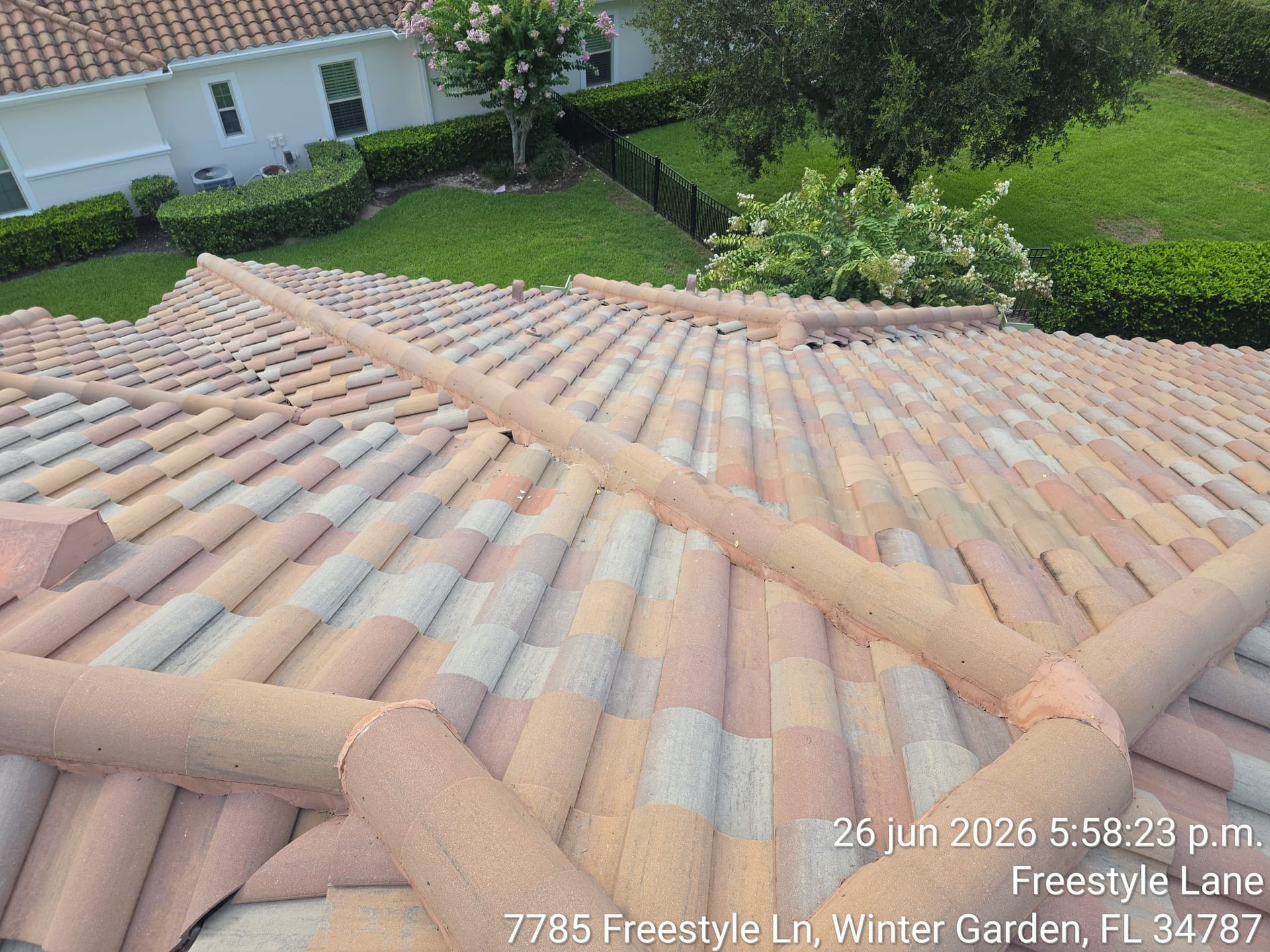View from a tiled roof over a suburban yard with green lawn, shrubs, and a house in the distance.