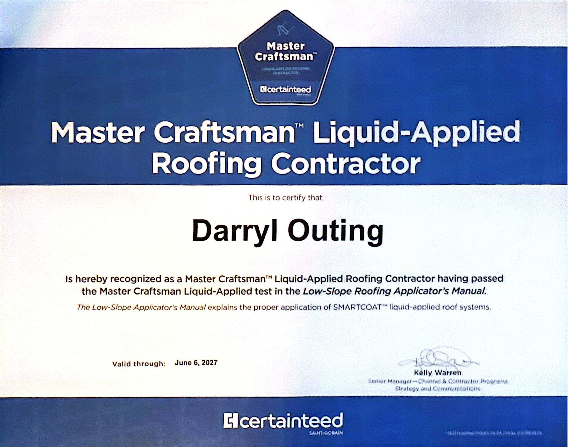 Certificate for Master Craftsman Liquid-Applied Roofing Contractor awarded to Darryl Outing, blue-and-white design