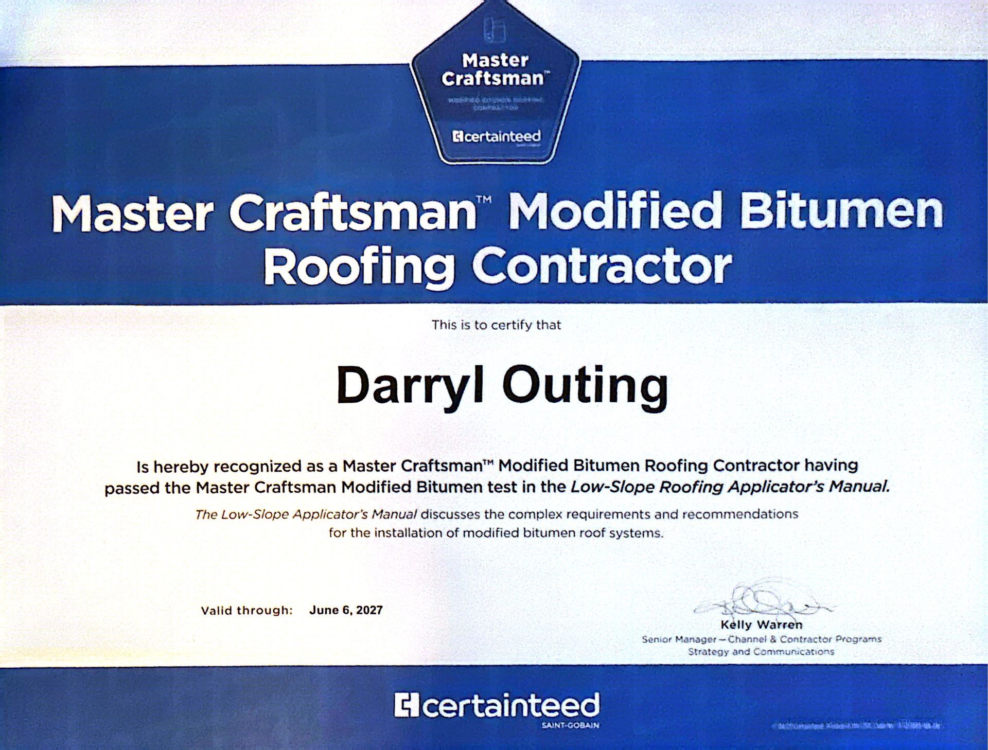 Certificate for Master Craftsman Modified Bitumen Roofing Contractor, awarded to Darryl Outing, blue and white.
