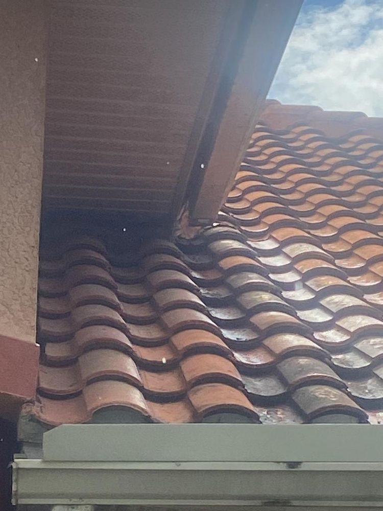 A close up of a tiled roof with a white gutter.