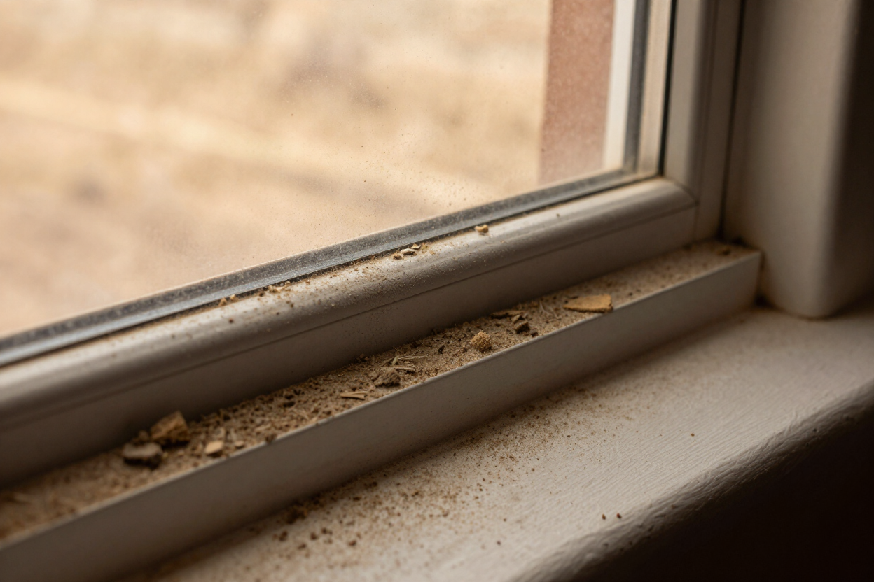 Dust and debris collected along a beige window sill beside a glass window.
