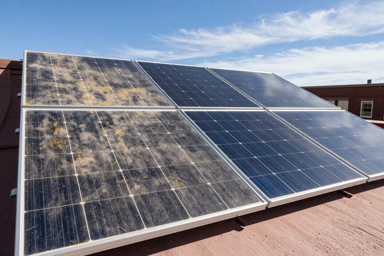 Dirty solar panels on a rooftop under a partly cloudy sky