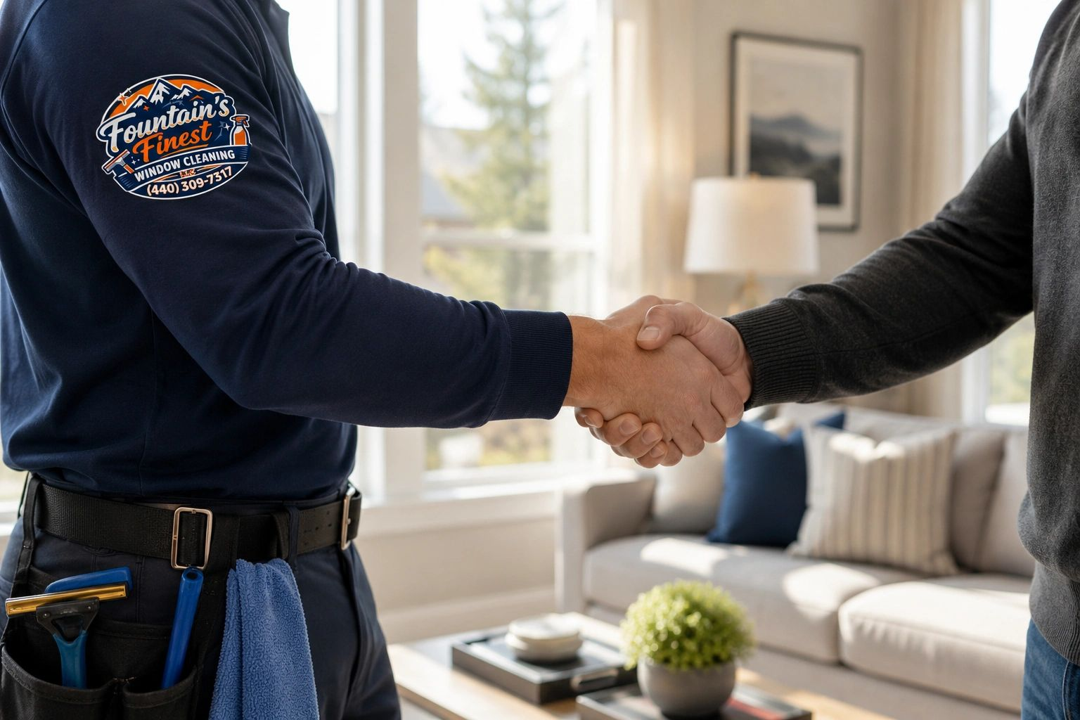 Two people shake hands in a bright living room, one in a navy work shirt and tool belt.