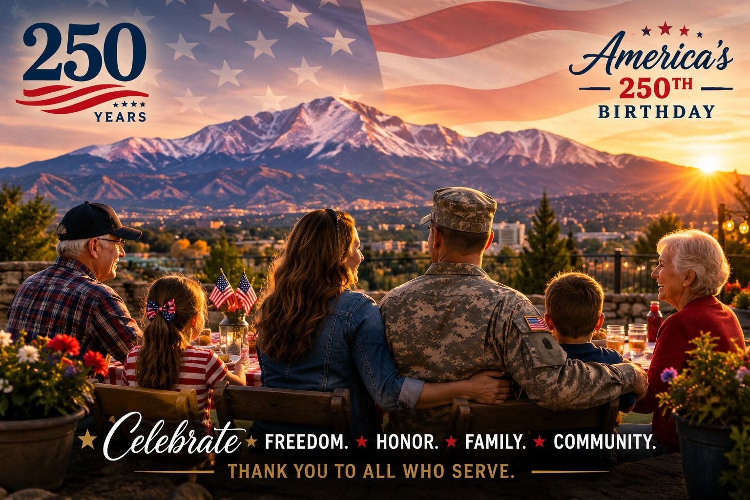 Veterans and family watching sunset over mountains; patriotic banner reads “250 years,” “America’s 250th Birthday.”