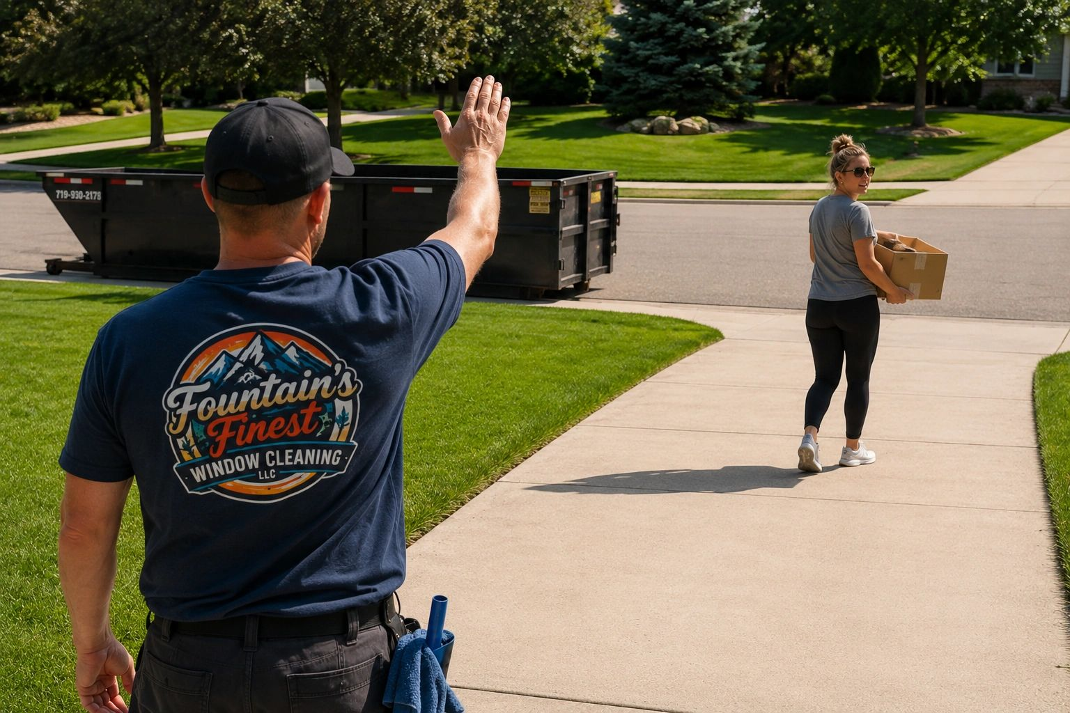 Man waving to a person carrying a box on a sidewalk in a suburban neighborhood