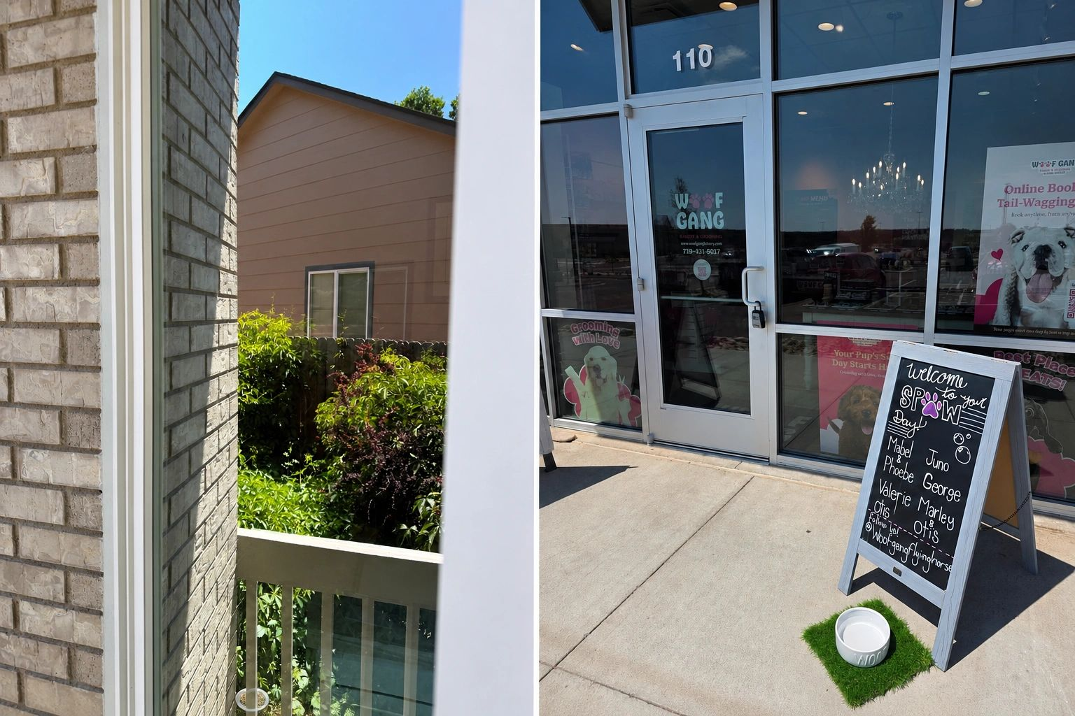 Storefront with glass doors, a sidewalk sign, and a sunlit outdoor walkway beside a white brick building.