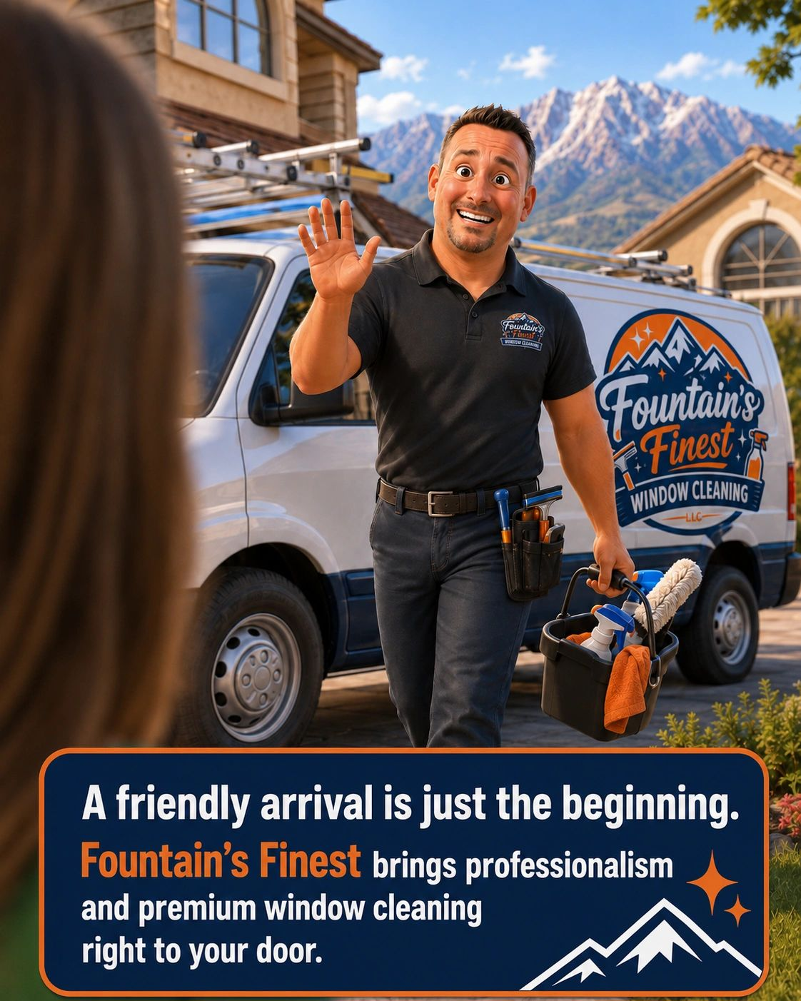 Friendly cleaner waving beside a white van with a cleaning logo in a mountain neighborhood