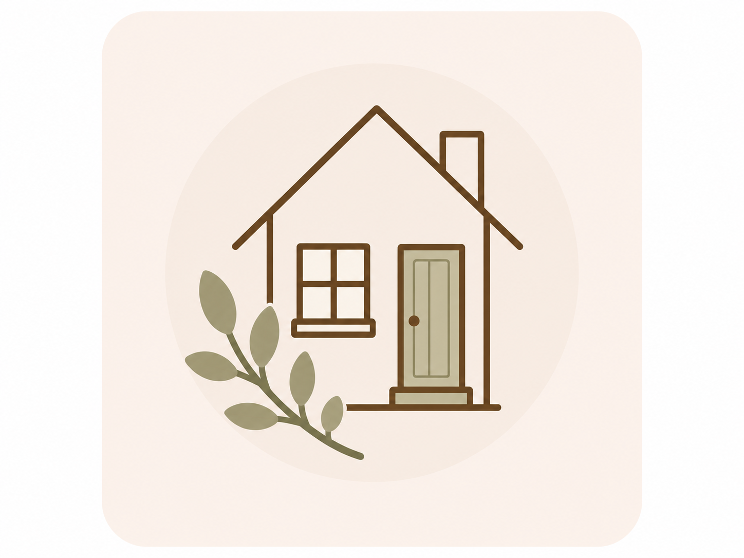 Minimalistische lijntekening van een huis met een deur, raam, schoorsteen en een tak met bladeren op een beige achtergrond.