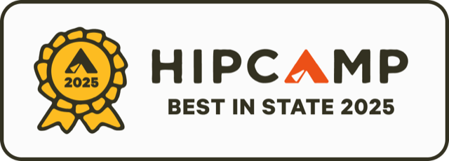 Hipcamp Best in State 2025 badge with a gold ribbon and orange mountain icon.