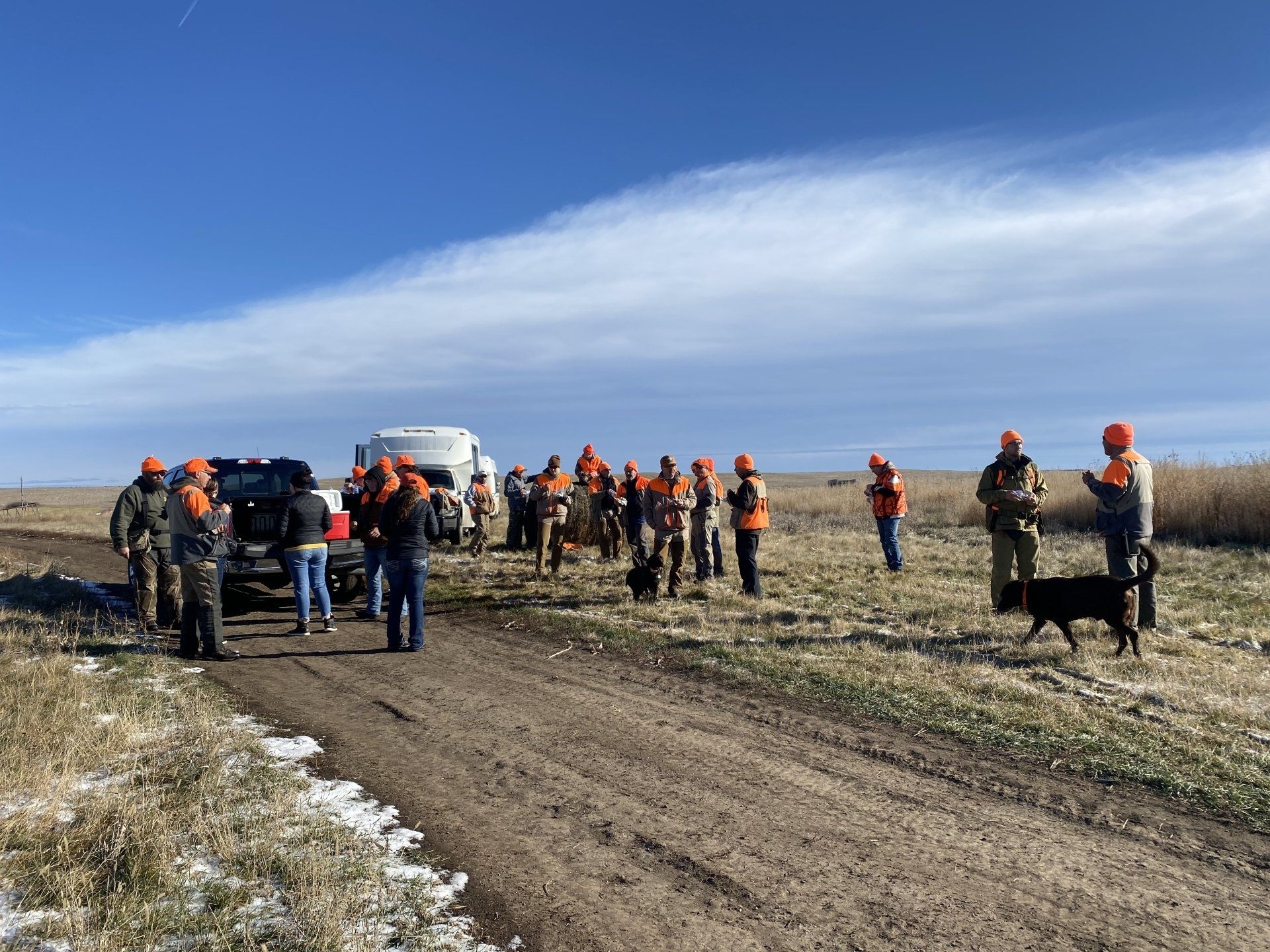 People in orange helmets gather beside vehicles on a rural dirt road under a blue sky.